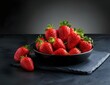 Fresh strawberries in plate on a black table. Fruits and summer berries illustration
