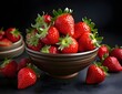 Fresh ripe red strawberries in a bowl on black background. Fruits and summer berries illustration