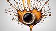 Cup of coffee on the background of coffee splash.