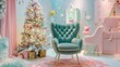 A whimsical Christmas wonderland, bursting with pastel hues and playful toys, invites you to sink into a colorful chair.