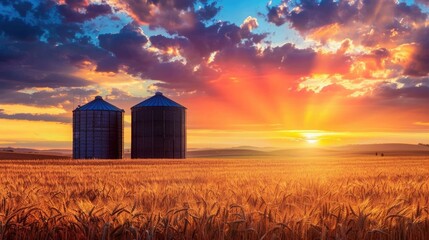 Wall Mural - Agricultural Silos for storage and drying of grains, Beautiful landscape of sunset over wheat field at summer