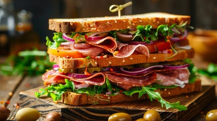 Wall Mural - Close-up photo of a club sandwich. Sandwich with meat, prosciutto, salami, salad, vegetables, lettuce, tomato, onion and mustard on a fresh sliced rye bread on wooden background. Olives background.