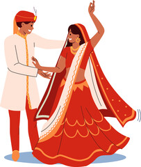 indian couple dances wedding dance in national clothes, performing traditional rite of hindi culture