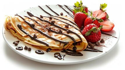 Crepes with strawberries and chocolate sauce isolated