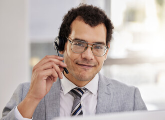 Aufkleber - Agent, portrait and online technical support in call center with man at computer to help or chat. Happy, consultant and contact us for telecom customer care, advice or virtual feedback with tech