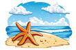 Illustration of starfish on sand near sea waves. Tourism, travelling, vacation
