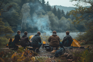 Group of People Sitting Around a Tent in the Woods