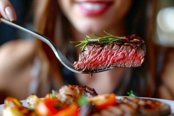 Wall Mural - High-definition close-up of a woman enjoying a forkful of tender, succulent steak