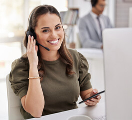 Canvas Print - Woman, typing and portrait with phone in call center for technical support and agent relax at desk. Happy, consultant and contact us for telecom customer care, advice or virtual feedback with tech