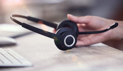 Aufkleber - Call center, desk and hand on person with headphones for telemarketing, sales call and consulting. CRM business, office and consultant with headset on table for customer service, ecommerce and help