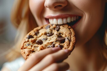 Wall Mural - Detailed close-up of a woman munching on a chewy, sweet cookie