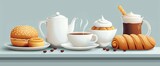 The morning americano drink in cup and bun. Fresh coffee and dessert for breakfast. Flat modern illustration isolated on white background.