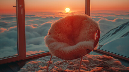 Wall Mural - A chair is sitting in front of a window with a view of the mountains