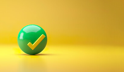 Poster - 3D illustration of sphere with check mark inside, yellow and green colors