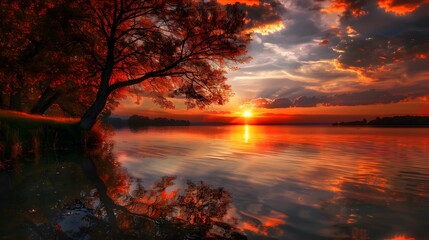 Wall Mural - Red clouds sunset magical natural scenery forest tree lake water wallpaper background photography