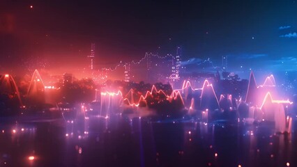 Leinwandbilder - Illuminated Cityscape With Vibrant Stock Market Graph Overlay