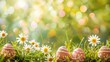 Decorated eggs nestled in grass with daisies, soft-focus spring background