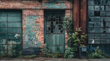 Old, Weathered Industrial Building With Rusty Door And Broken Windows, Overgrown Plants