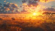 A panoramic view of a vast savanna, dotted with acacia trees and grazing wildlife, under the soft light of a setting sun 8k wallpaper  