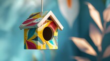 Blank Mockup Of A Hanging Birdhouse With A Vibrant Painted Pattern. .