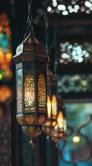 Wall Mural -  In this evocative image, a radiant Ramadan lantern illuminates the surroundings, symbolizing the holy month's spiritual warmth, cultural richness, and festive joy