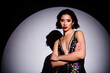 Photo of pretty fancy famous movie actress folded hands wear shiny luxury dress posing vip stage spotlight