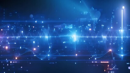 Fototapete - Abstract Blue Digital Waveform Background With Glowing Particles