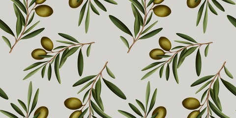 Olive branch with leaves and olives summer spring seamless repeating pattern, green fresh minimalistic floral design element isolated white background floral line contour high quality 