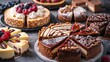 Various ready-made cakes and pies lie on the table, cheesecake with icing and chocolate icing