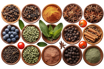 spices and herbs in wooden bowls isolated on a transparent background