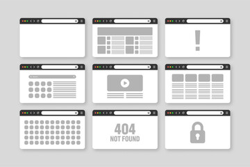 Fototapete - Web browser window, pages layout with toolbar and search field. Modern website, internet page in flat style. Browser mockup for computer, tablet and smartphone. Adaptive UI. Vector illustration
