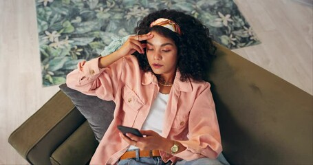 Canvas Print - Serious, girl and relax on sofa with smartphone for reading text and feeling annoyed for bad news or disappointment. Woman, home and breathe for calm or frustrated for social media post and message.