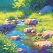 Majestic Fresh Spring Stream: A Detailed Close-up with Tender Beauty and Ethereal Atmosphere
