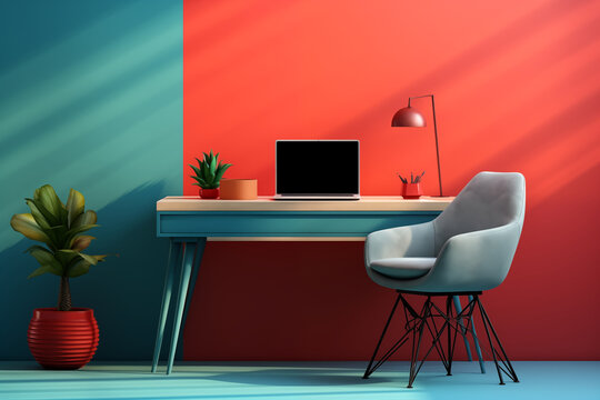 office interior with table, orange and teal wall, chair and desk, lamp, plants, open laptop, and design objects, modern comfortable design vivid teleworking set with pop inspiration candy colors home
