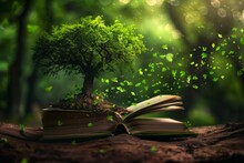  An Open Book From Which A Small Tree Grows. The Concept Of Environmental Protection, Gardening, Respect For Nature, Sustainable Development Of The World, Reasonable Consumption. Renewable Resources. 