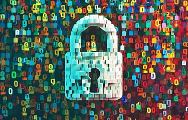 Wall Mural - A large white padlock surrounded by colorful numbers, representing the binary code of digital security and personal data protection in an online environment Generative AI