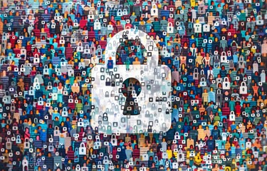 Wall Mural - A large white padlock surrounded by binary code numbers, filled with images of people in colorful security for personal data or digital assets Generative AI
