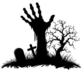 silhouette of a zombie hand reaching out from a grave in a graveyard, halloween concept 