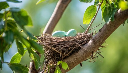 nest with bird eggs on tree generative ai