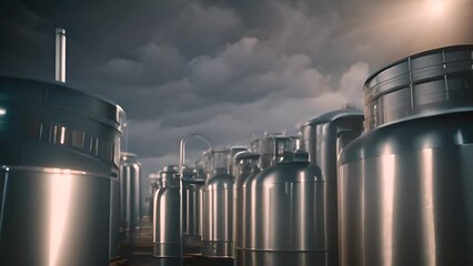 Poster - Row of Metal Tanks in Industrial Setting Generative AI
