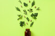 Natural dietary supplements with leaves on green background. Top view.
