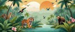 Tropical Jungle Background with Palm Trees, Plants, and Wild Animals,  palm trees, plants, wild animals tiger, bear, birds.