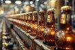 Glass bottles of amber liquid on conveyor belt in brewery