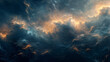 Abstract cosmic scene with dark blue and golden clouds, suggesting a celestial atmosphere