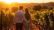 A young couple dressed in elegant attire walk arm in arm along the rows of gvines taking in the beauty of the sunset sky beyond the . .