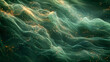 An abstract scene of flowing translucent green waves, accented with golden sparkles throughout