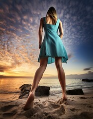 A romantic shot of an elegantly dressed young woman wearing a classy turquoise blue dress posing for a modelling shoot on the seashore sand at sunset time