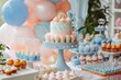 Baby shower party. Table with desserts, cakes in the theme of a gender reveal party for expectant and young parents in pink and blue tones.