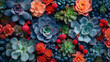 Colorful collection of succulents with a vibrant mix of blue, orange, and red hues