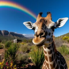 Giraffe with Rainbow in Scenic Landscape